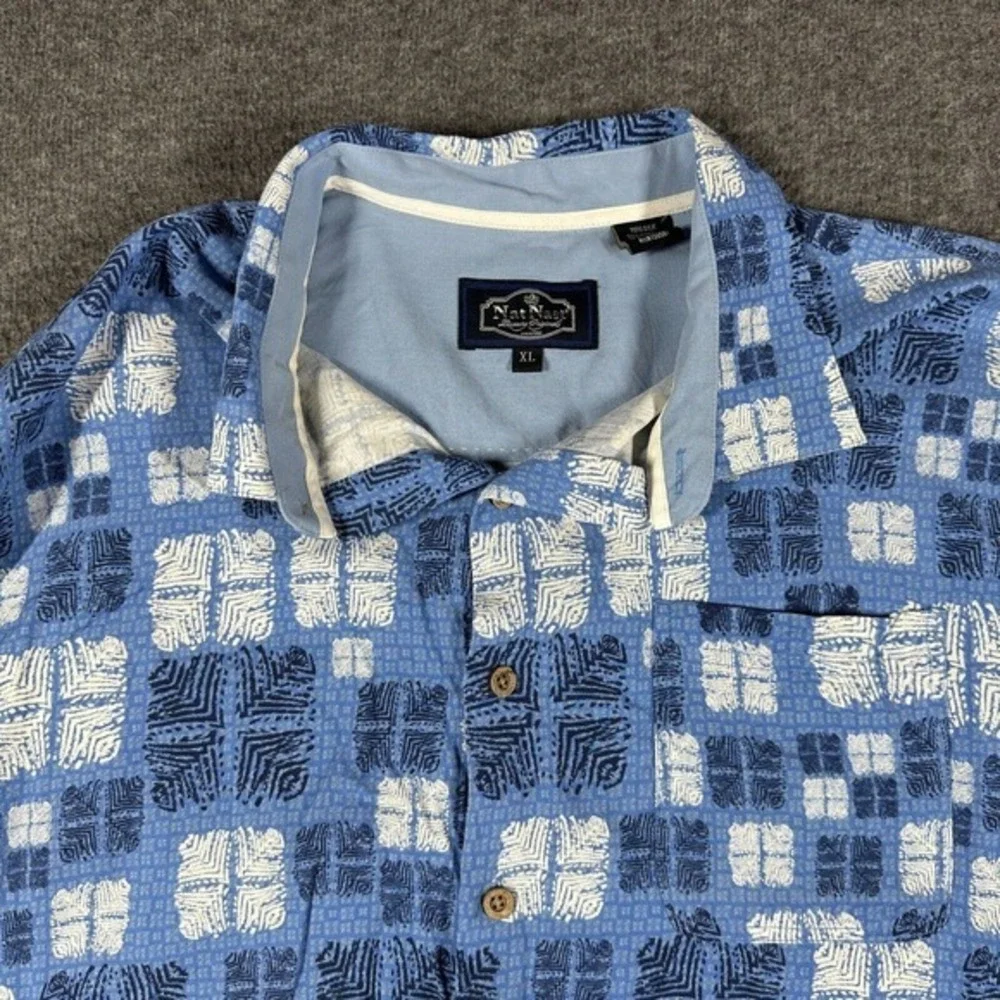 Nat Nast Silk‎ Blend Button Up Shirt Mens XL Extra Large Blue Short Sleeve